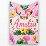 Tropical Flamingo with Hibiscus Flowers and Leaves Blush Pink Lovely  Personalised Custom Name Super Soft Fleece Blanket Bed Sofa Throw