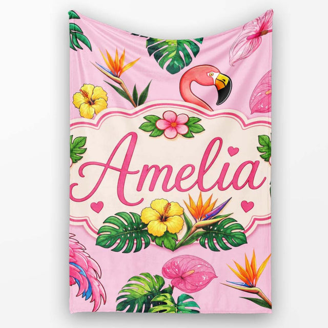 Tropical Flamingo with Hibiscus Flowers and Leaves Blush Pink Lovely  Personalised Custom Name Super Soft Fleece Blanket Bed Sofa Throw