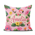 Custom Name Tropical Flamingo with Flowers and Leaves Blush Pink Square Filled Cushion Throw Pillow Sofa Bed Home Decor Zip Washable UK Made
