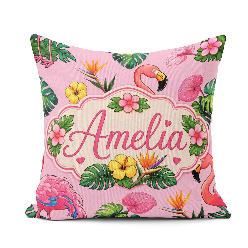 Custom Name Tropical Flamingo with Flowers and Leaves Blush Pink Square Filled Cushion Throw Pillow Sofa Bed Home Decor Zip Washable UK Made