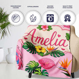 Tropical Flamingo with Hibiscus Flowers and Leaves Blush Pink Lovely  Personalised Custom Name Super Soft Fleece Blanket Bed Sofa Throw