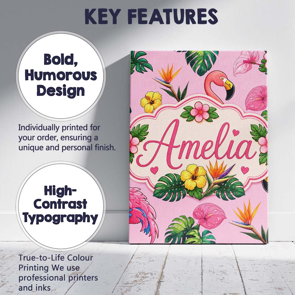 Personalised Name Tropical Flamingo with Custom  Unique Gift Idea Elegant Feature Canvas Wall Art Print Decor Picture Ready to Hang