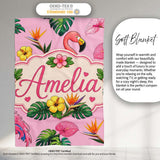 Tropical Flamingo with Hibiscus Flowers and Leaves Blush Pink Lovely  Personalised Custom Name Super Soft Fleece Blanket Bed Sofa Throw