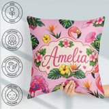 Custom Name Tropical Flamingo with Flowers and Leaves Blush Pink Square Filled Cushion Throw Pillow Sofa Bed Home Decor Zip Washable UK Made