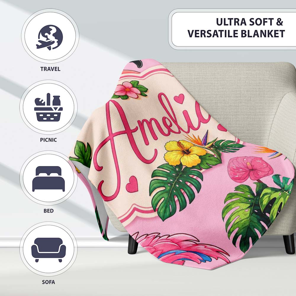 Tropical Flamingo with Hibiscus Flowers and Leaves Blush Pink Lovely  Personalised Custom Name Super Soft Fleece Blanket Bed Sofa Throw