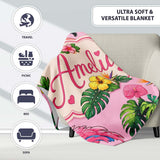 Tropical Flamingo with Hibiscus Flowers and Leaves Blush Pink Lovely  Personalised Custom Name Super Soft Fleece Blanket Bed Sofa Throw