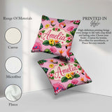Custom Name Tropical Flamingo with Flowers and Leaves Blush Pink Square Filled Cushion Throw Pillow Sofa Bed Home Decor Zip Washable UK Made