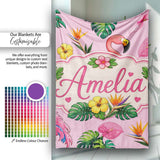Tropical Flamingo with Hibiscus Flowers and Leaves Blush Pink Lovely  Personalised Custom Name Super Soft Fleece Blanket Bed Sofa Throw