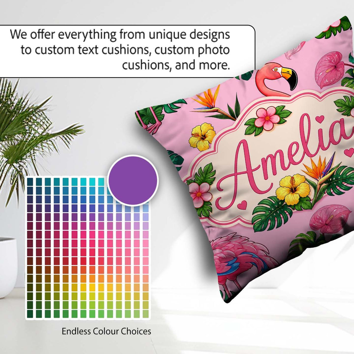 Custom Name Tropical Flamingo with Flowers and Leaves Blush Pink Square Filled Cushion Throw Pillow Sofa Bed Home Decor Zip Washable UK Made