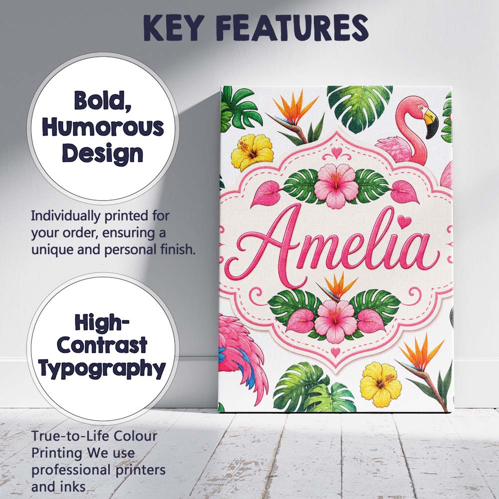 Personalised Name Tropical Flamingo with Custom  Unique Gift Idea Elegant Feature Canvas Wall Art Print Decor Picture Ready to Hang