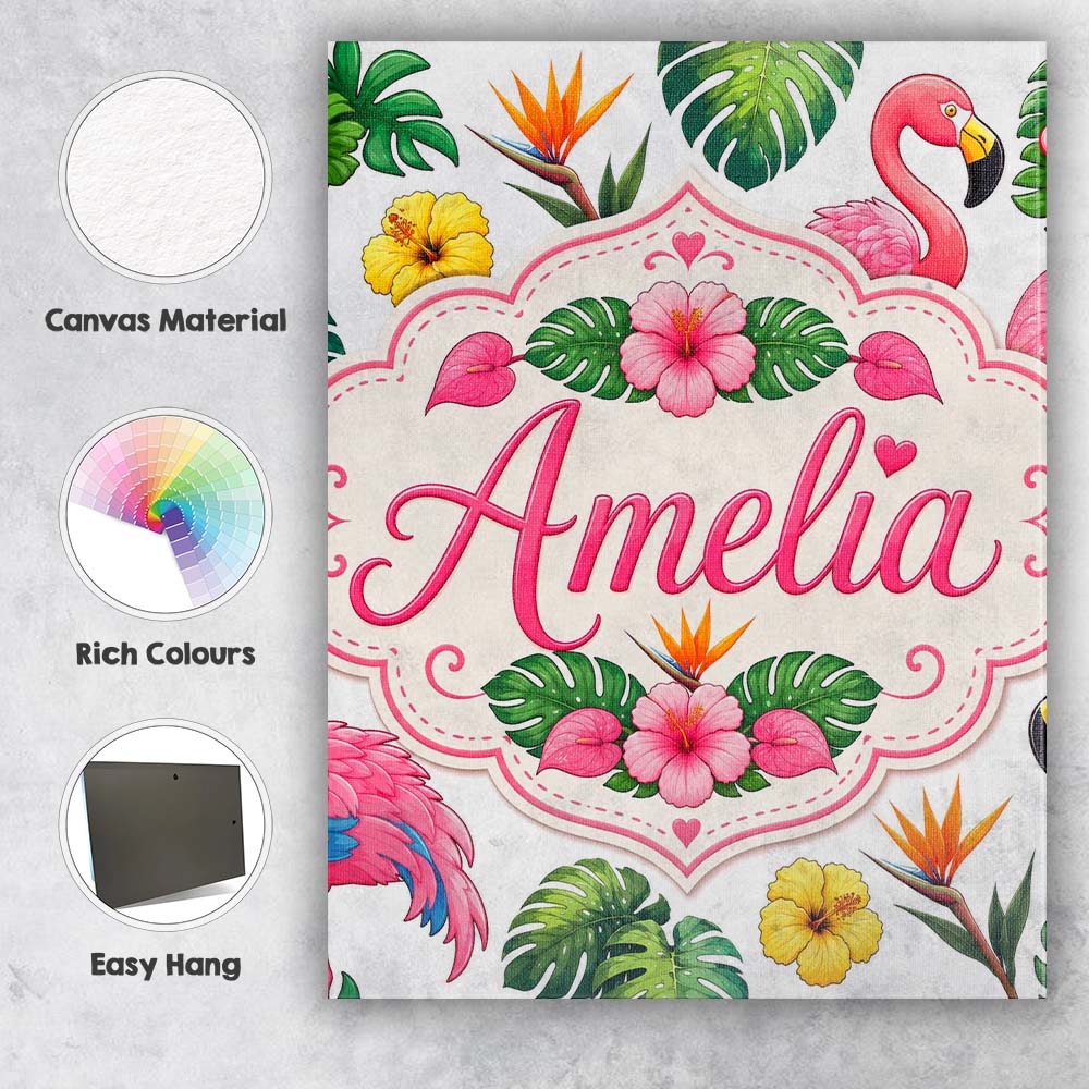 Personalised Name Tropical Flamingo with Custom  Unique Gift Idea Elegant Feature Canvas Wall Art Print Decor Picture Ready to Hang