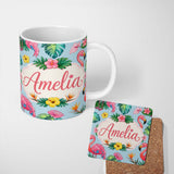 Personalized Custom Name Tropical Flamingo Bird with Exotic Flowers Leaf Pattern Blue 11oz Ceramic Coffee Tea Mug White Large Handle