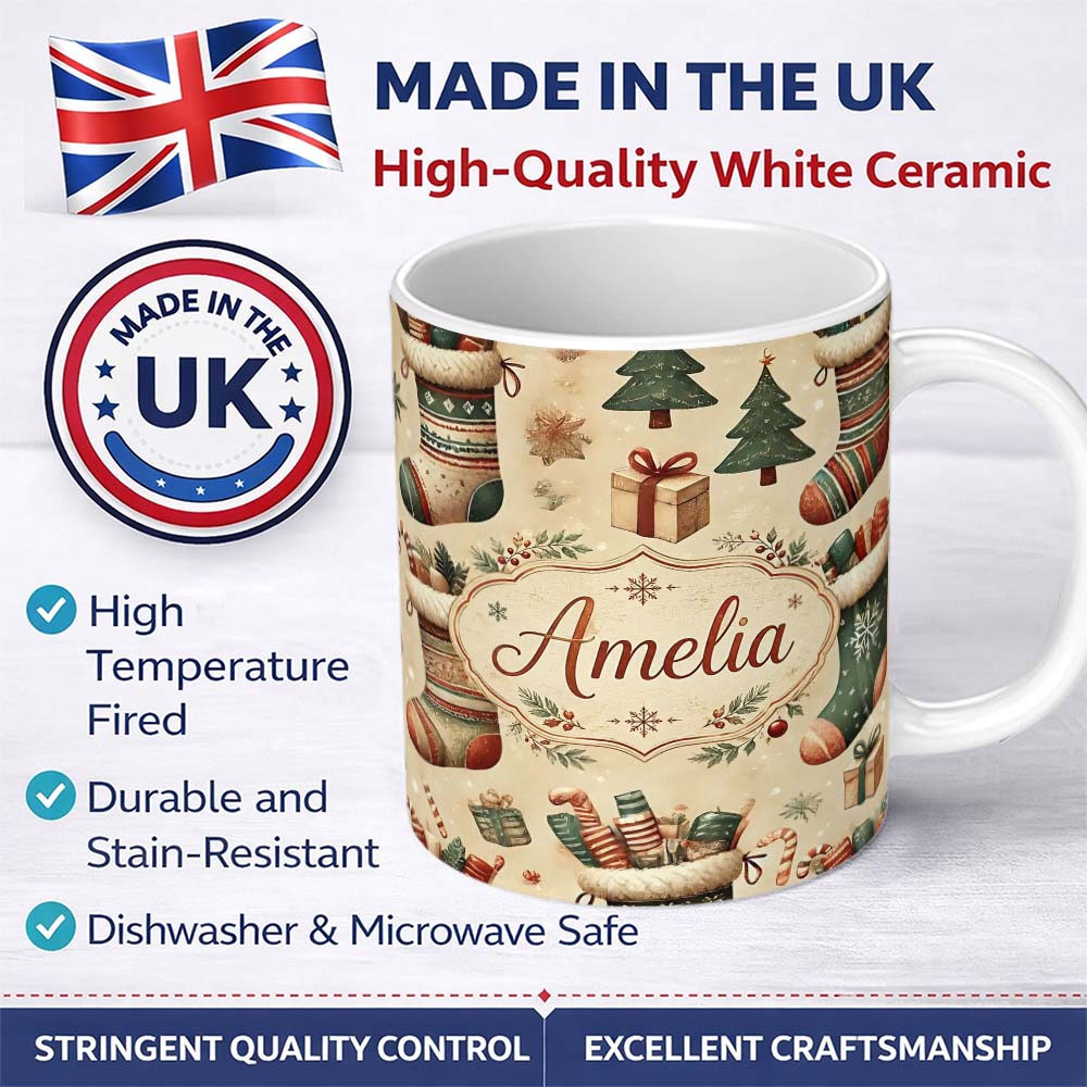 Personalized Custom Name Cozy Christmas Stockings Gifts Candy Canes Seamless Pattern Lovely 11oz Ceramic Coffee Tea Mug White Large Handle