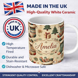 Personalized Custom Name Cozy Christmas Stockings Gifts Candy Canes Seamless Pattern Lovely 11oz Ceramic Coffee Tea Mug White Large Handle