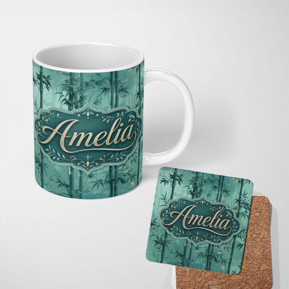 Personalized Custom Name Elegant Bamboo Stalks and Leaves Pattern Calm Green Botanical Lovely 11oz Ceramic Coffee Tea Mug White Large Handle