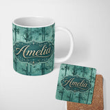 Personalized Custom Name Elegant Bamboo Stalks and Leaves Pattern Calm Green Botanical Lovely 11oz Ceramic Coffee Tea Mug White Large Handle