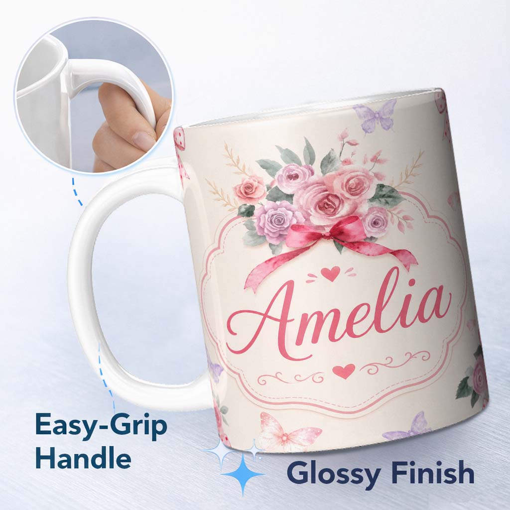 Personalized Custom Name Cute Watercolor Roses Bouquet with Red Ribbon Neutral Beige Lovely 11oz Ceramic Coffee Tea Mug White Large Handle