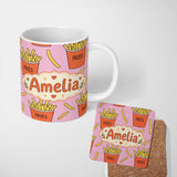 Personalized Custom Name Cute French Fries Cartoon Snack Food Soft Pink Background Seamless 11oz Ceramic Coffee Tea Mug White Large Handle
