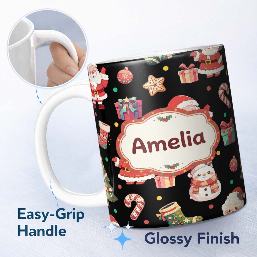 Personalized Custom Name Cute Santa Claus Mrs Claus Snowman Christmas Gift Candy Cane Black 11oz Ceramic Coffee Tea Mug White Large Handle