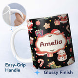Personalized Custom Name Cute Santa Claus Mrs Claus Snowman Christmas Gift Candy Cane Black 11oz Ceramic Coffee Tea Mug White Large Handle