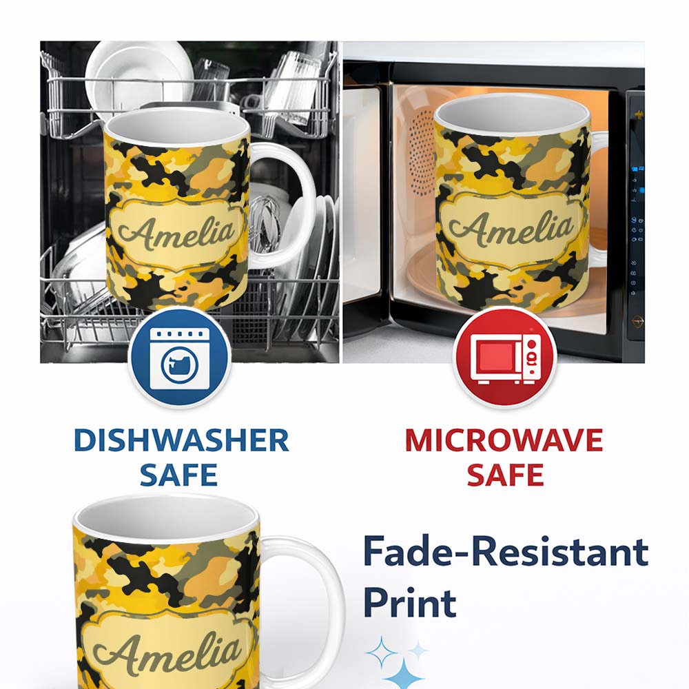 Personalized Custom Name Yellow Desert Camouflage Abstract Seamless Pattern Cute Unique Gift 11oz Ceramic Coffee Tea Mug White Large Handle