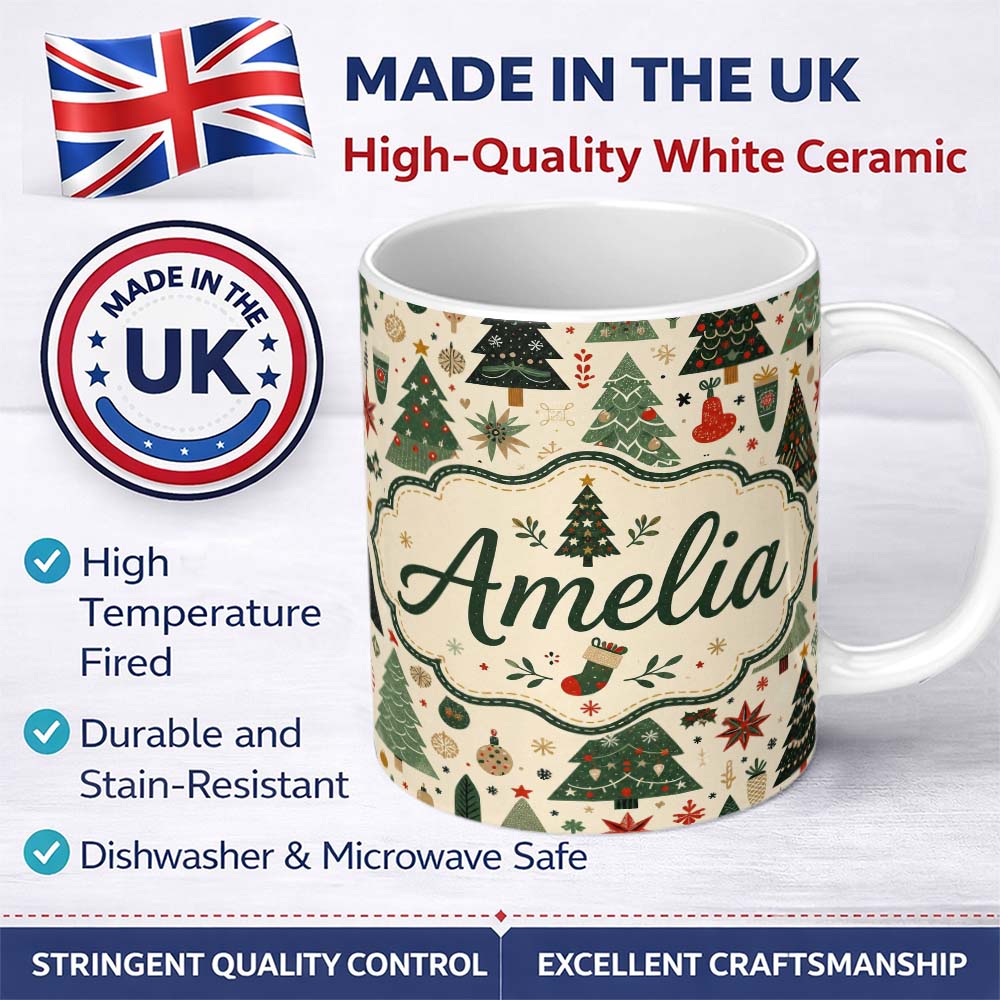 Personalized Custom Name Scandinavian Christmas Trees Ornaments Snowflakes Cozy Holiday 11oz Ceramic Coffee Tea Mug White Large Handle