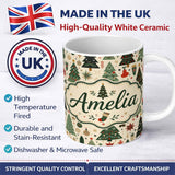 Personalized Custom Name Scandinavian Christmas Trees Ornaments Snowflakes Cozy Holiday 11oz Ceramic Coffee Tea Mug White Large Handle