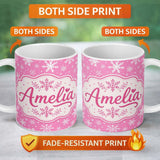 Personalized Custom Name Pink Snowflakes Winter Seamless Pattern Thoughtful Gift Idea Lovely 11oz Ceramic Coffee Tea Mug White Large Handle