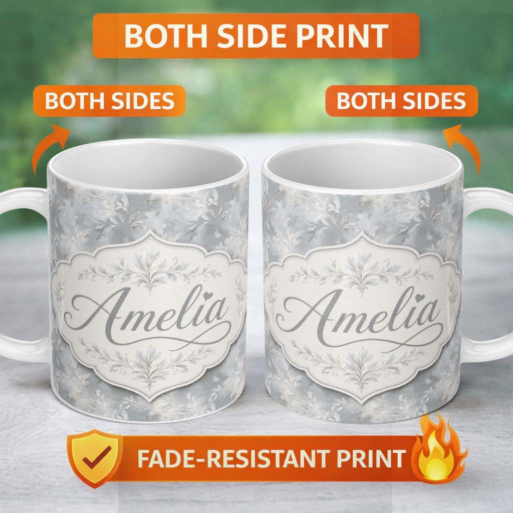 Personalized Custom Name Muted Grey Artistic Leaf Brush Texture Seamless Pattern Lovely 11oz Ceramic Coffee Tea Mug White Large Handle