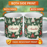 Personalized Custom Name Scandi Christmas Trees Red White Green Snowflakes Nordic Seamless 11oz Ceramic Coffee Tea Mug White Large Handle