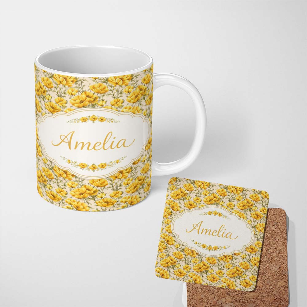 Personalized Custom Name Yellow Poppy Floral Seamless Pattern Botanical Garden Design Lovely 11oz Ceramic Coffee Tea Mug White Large Handle