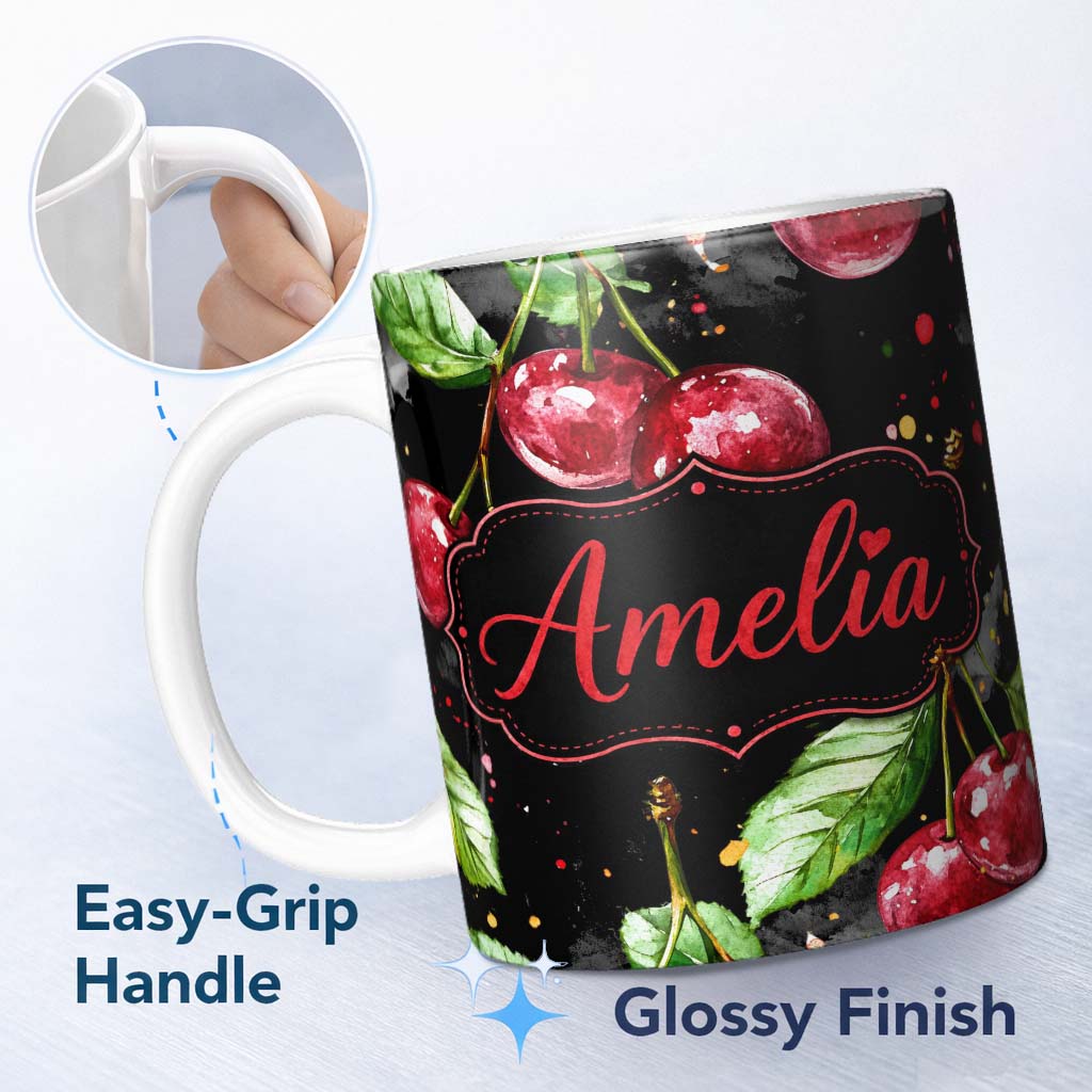Personalized Custom Name Watercolor Cherry Fruit Dark Artistic Splash Seamless Pattern Lovely 11oz Ceramic Coffee Tea Mug White Large Handle