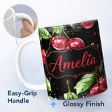 Personalized Custom Name Watercolor Cherry Fruit Dark Artistic Splash Seamless Pattern Lovely 11oz Ceramic Coffee Tea Mug White Large Handle