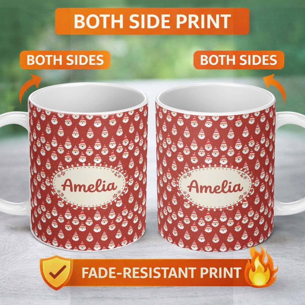 Personalized Custom Name Cute Minimal Santa Faces Red Background Snow Dot Christmas Seamless 11oz Ceramic Coffee Tea Mug White Large Handle