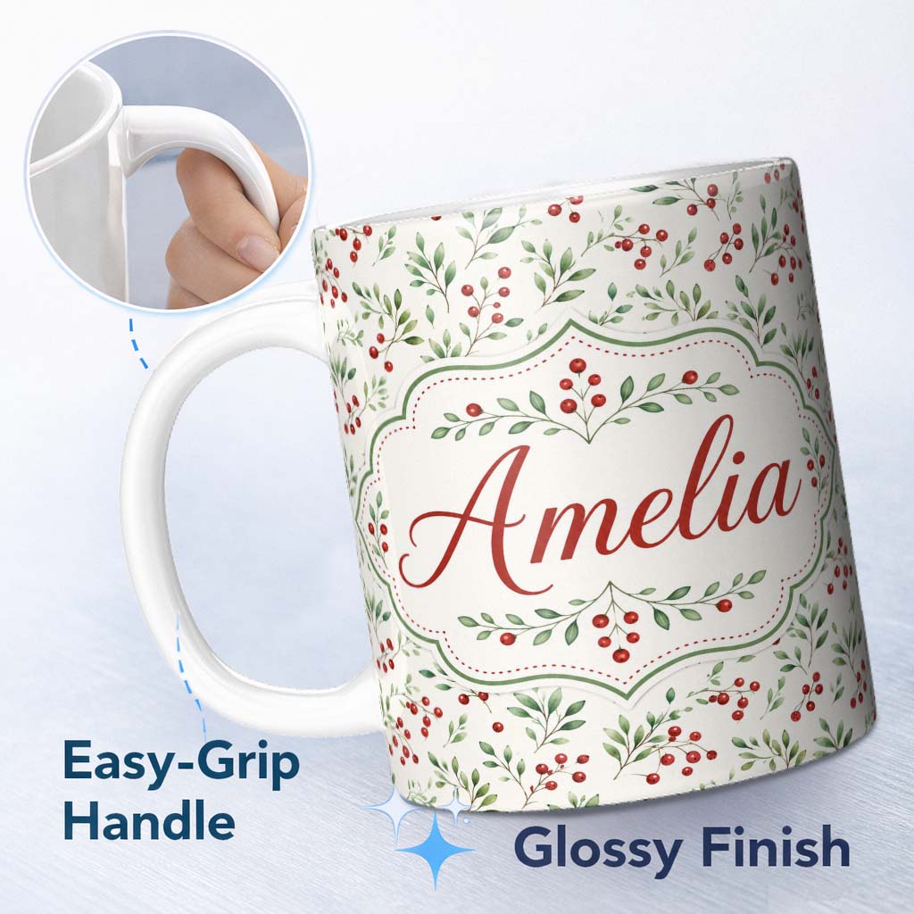 Personalized Custom Name Minimalist Teal Berry Sprigs and White Leaves Seamless Pattern 11oz Ceramic Coffee Tea Mug White Large Handle