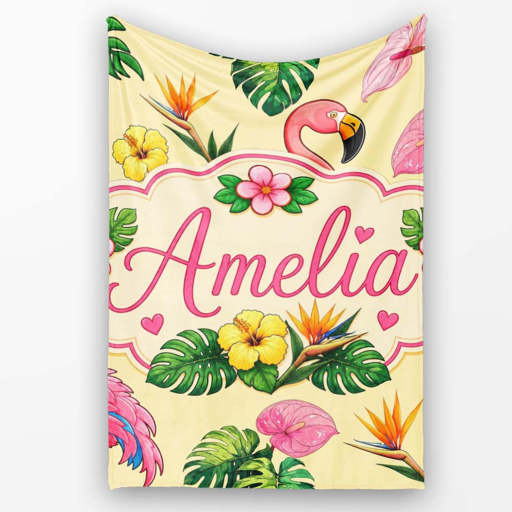 Tropical Flamingo with Hibiscus Flowers and Leaves Warm Yellow  Personalised Custom Name Super Soft Fleece Blanket Bed Sofa Throw