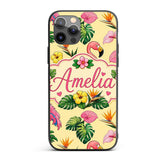 Tropical Flamingo with Hibiscus Printed Design Custom Name Protective Phone Case Mobile Cover Durable Everyday Smartphone Shock Resistant