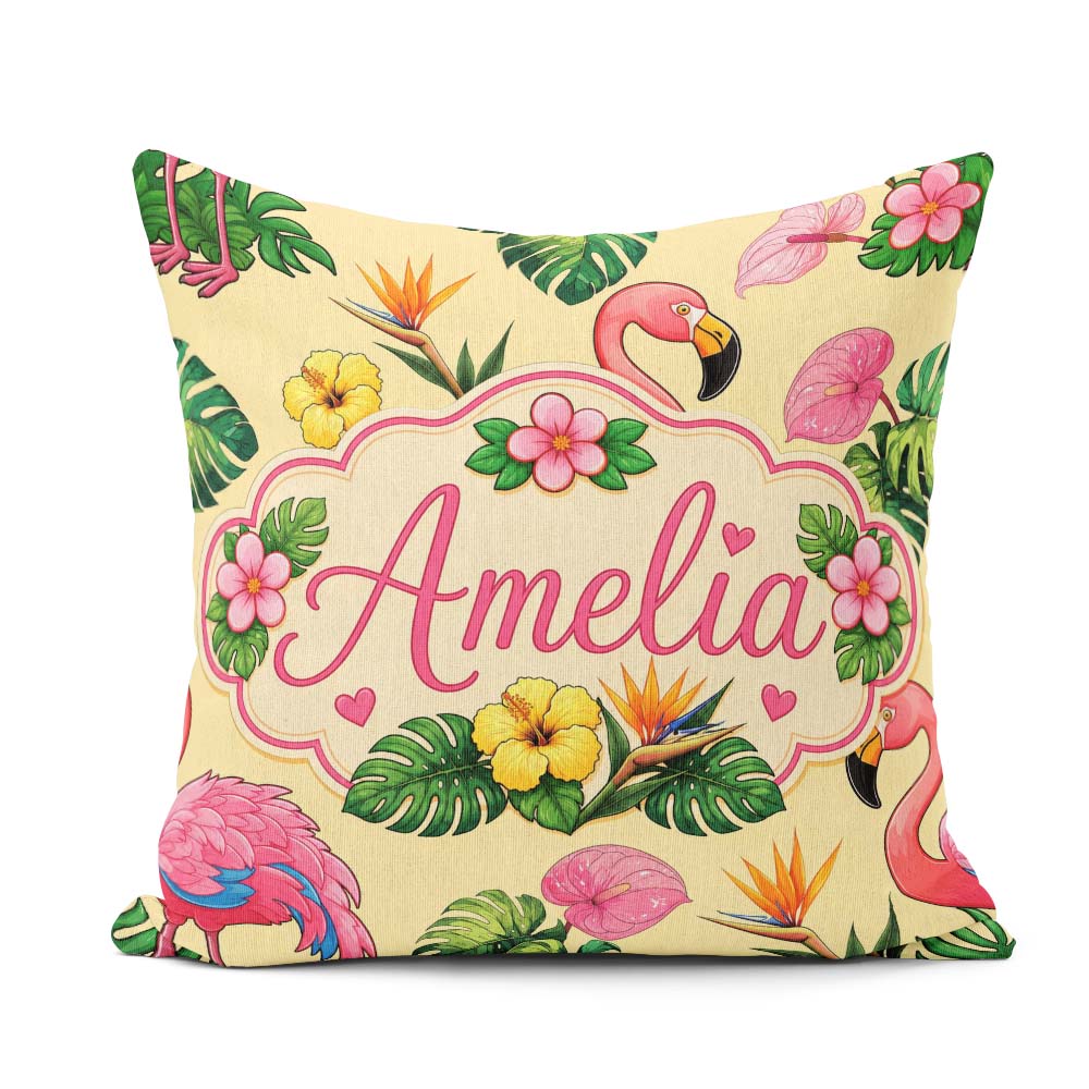 Custom Name Tropical Flamingo Hibiscus Flowers and Leaves Yellow Square Filled Cushion Throw Pillow Sofa Bed Home Decor Zip Washable UK Made