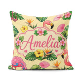 Custom Name Tropical Flamingo Hibiscus Flowers and Leaves Yellow Square Filled Cushion Throw Pillow Sofa Bed Home Decor Zip Washable UK Made