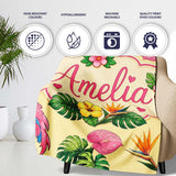Tropical Flamingo with Hibiscus Flowers and Leaves Warm Yellow  Personalised Custom Name Super Soft Fleece Blanket Bed Sofa Throw
