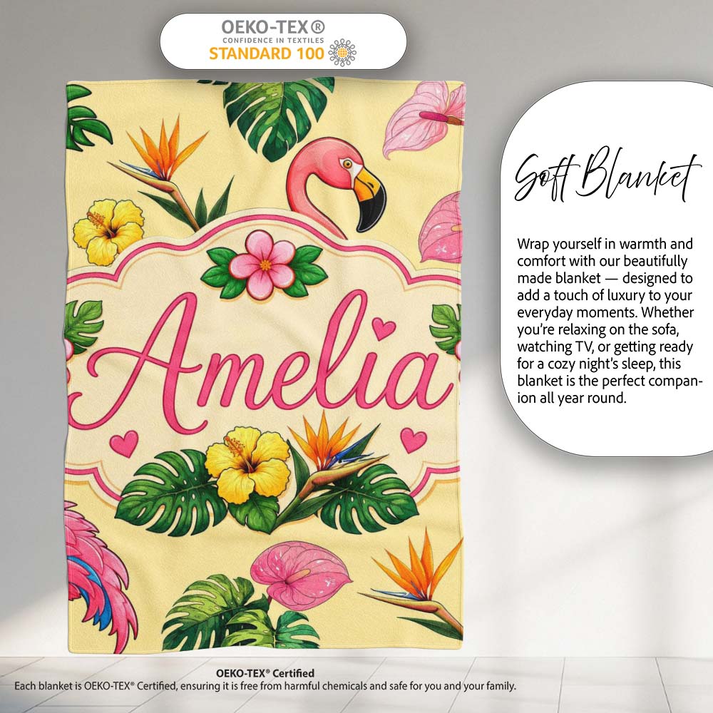 Tropical Flamingo with Hibiscus Flowers and Leaves Warm Yellow  Personalised Custom Name Super Soft Fleece Blanket Bed Sofa Throw