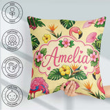 Custom Name Tropical Flamingo Hibiscus Flowers and Leaves Yellow Square Filled Cushion Throw Pillow Sofa Bed Home Decor Zip Washable UK Made