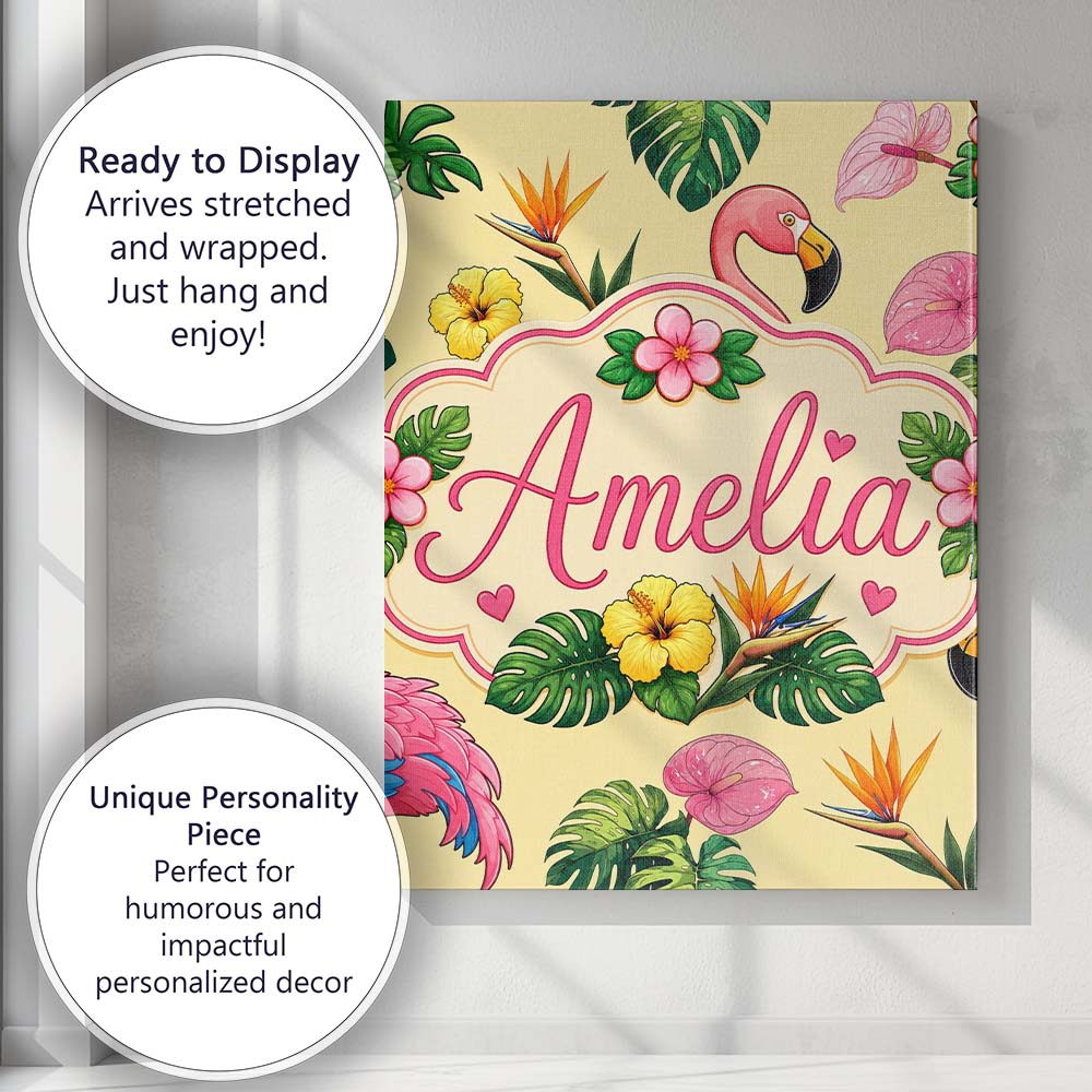 Personalised Name Tropical Flamingo with Custom  Unique Gift Idea Elegant Feature Canvas Wall Art Print Decor Picture Ready to Hang