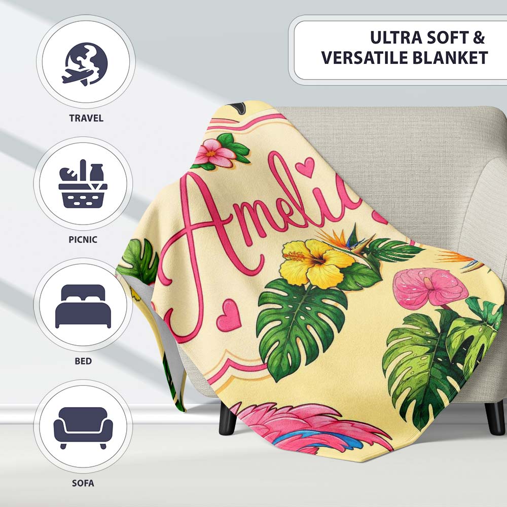 Tropical Flamingo with Hibiscus Flowers and Leaves Warm Yellow  Personalised Custom Name Super Soft Fleece Blanket Bed Sofa Throw