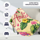 Tropical Flamingo with Hibiscus Flowers and Leaves Warm Yellow  Personalised Custom Name Super Soft Fleece Blanket Bed Sofa Throw