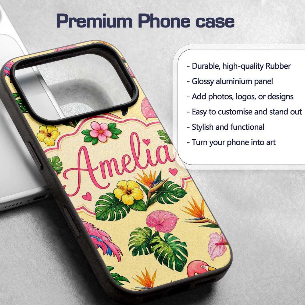 Tropical Flamingo with Hibiscus Printed Design Custom Name Protective Phone Case Mobile Cover Durable Everyday Smartphone Shock Resistant
