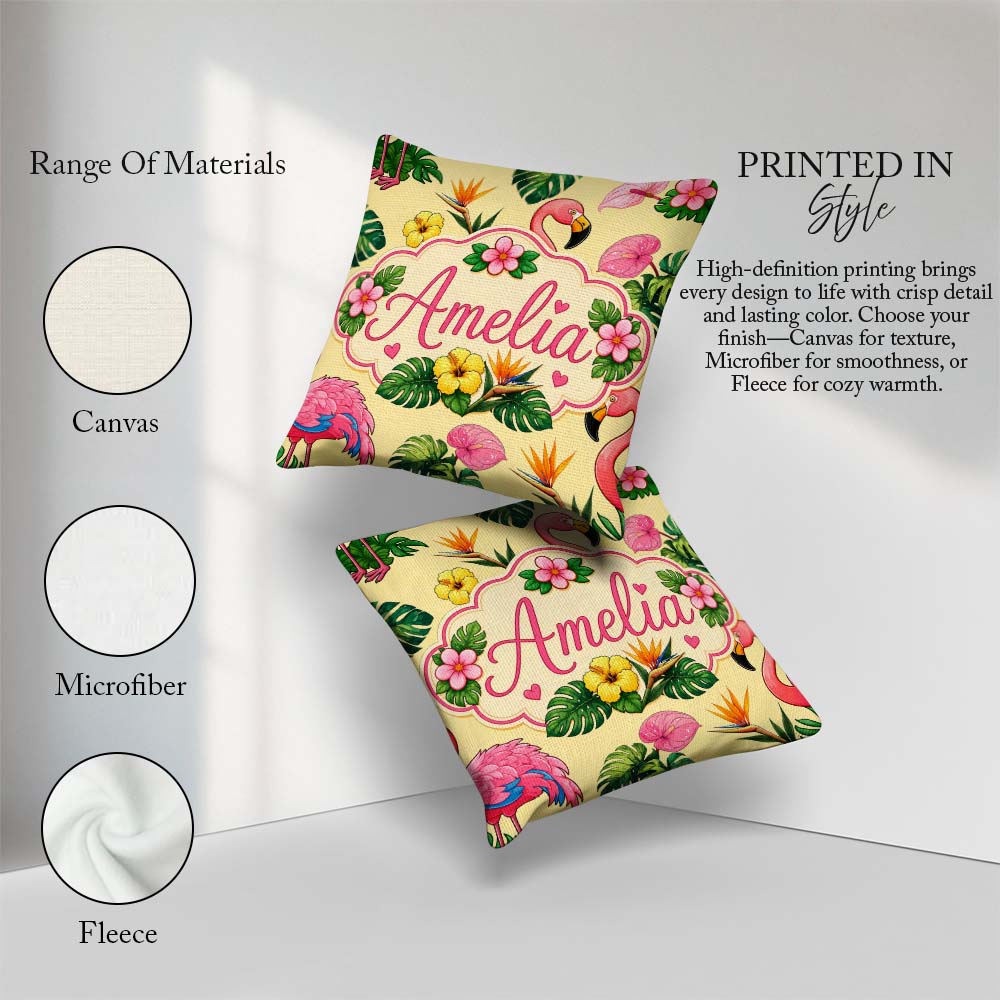 Custom Name Tropical Flamingo Hibiscus Flowers and Leaves Yellow Square Filled Cushion Throw Pillow Sofa Bed Home Decor Zip Washable UK Made