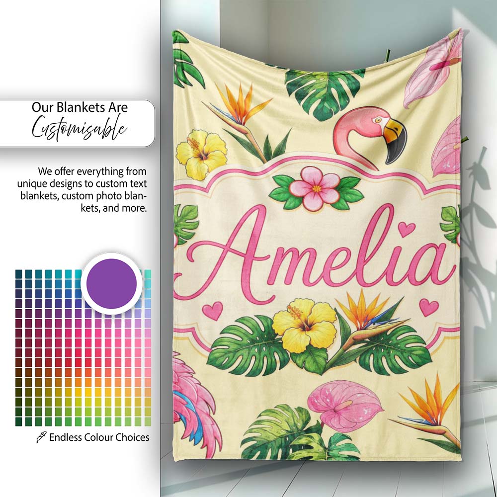 Tropical Flamingo with Hibiscus Flowers and Leaves Warm Yellow  Personalised Custom Name Super Soft Fleece Blanket Bed Sofa Throw