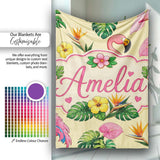 Tropical Flamingo with Hibiscus Flowers and Leaves Warm Yellow  Personalised Custom Name Super Soft Fleece Blanket Bed Sofa Throw