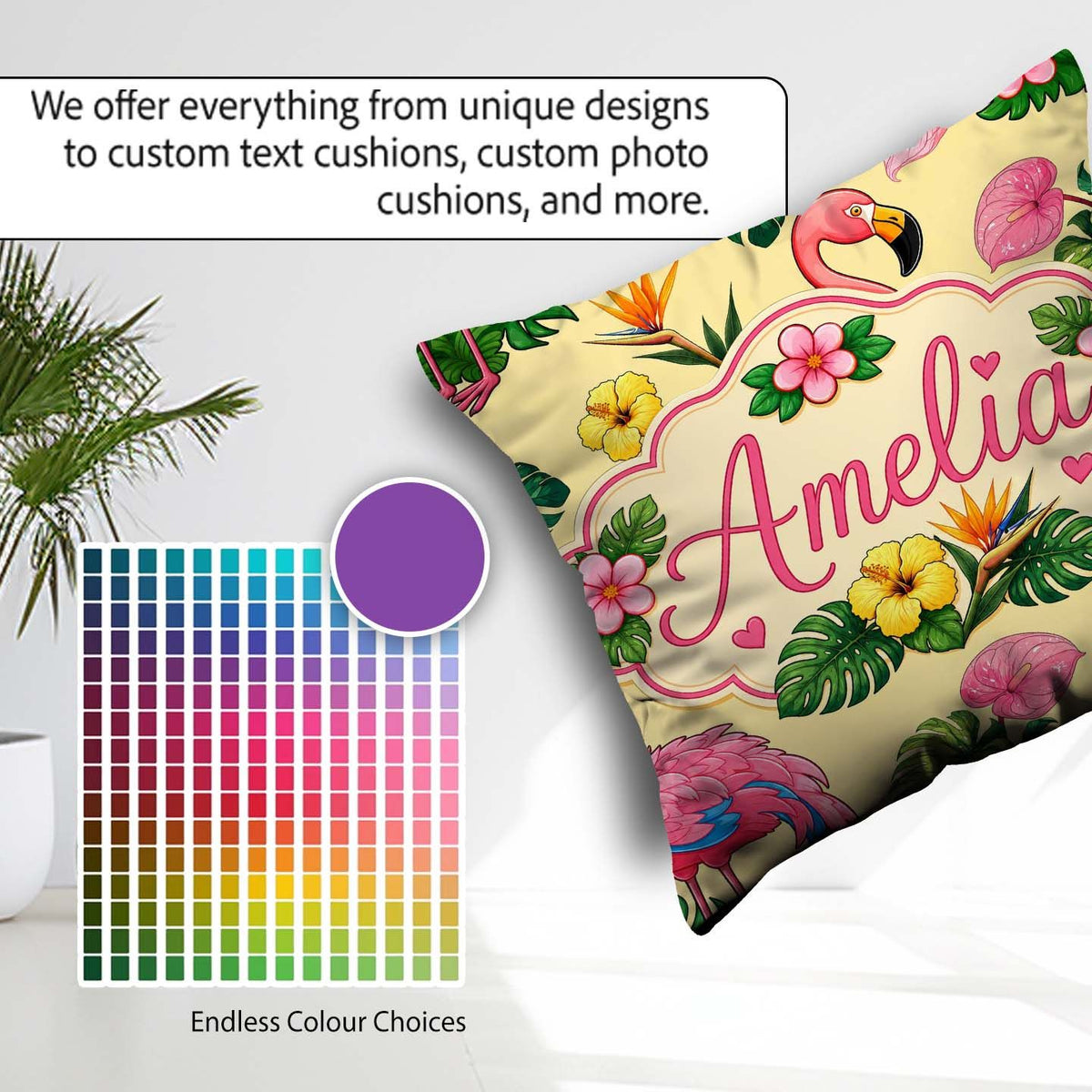 Custom Name Tropical Flamingo Hibiscus Flowers and Leaves Yellow Square Filled Cushion Throw Pillow Sofa Bed Home Decor Zip Washable UK Made